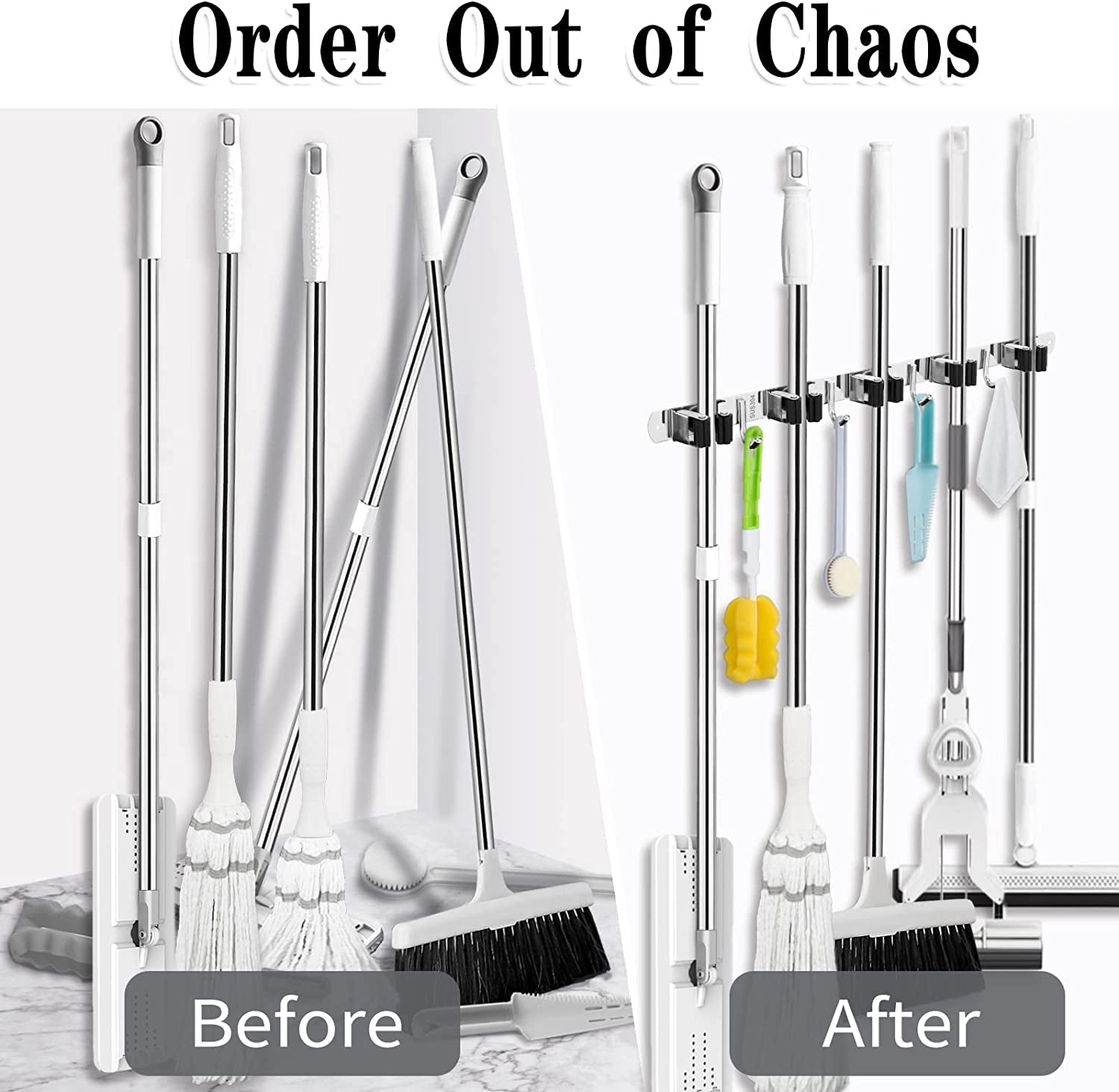 5 Holders+4 Hooks Broom Holder Wall Mounted
