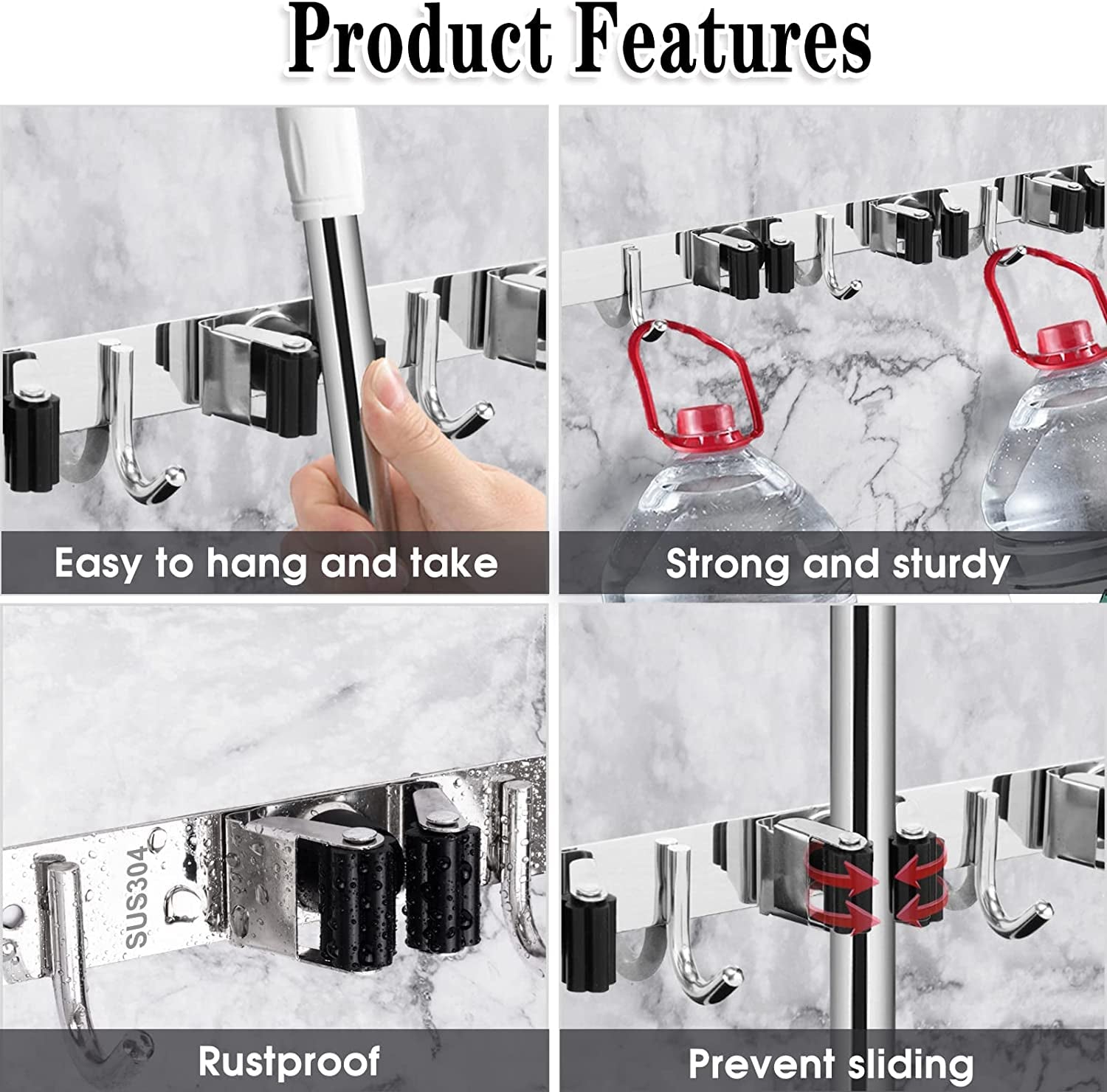 5 Holders+4 Hooks Broom Holder Wall Mounted