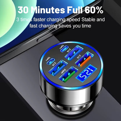100W 6 Ports Car Charger Fast Charging PD Qc3.0 USB C Car Phone Charger Type C Adapter in Car for Iphone Samsung Huawei Xiaomi