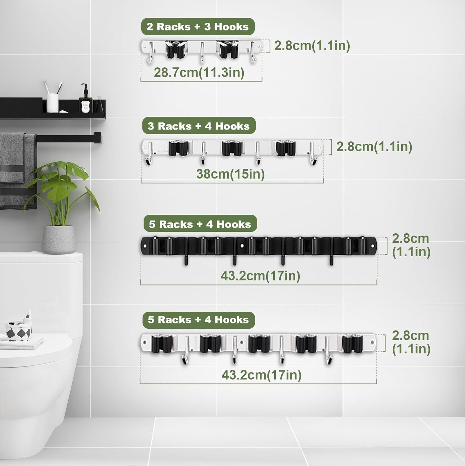 5 Holders+4 Hooks Broom Holder Wall Mounted