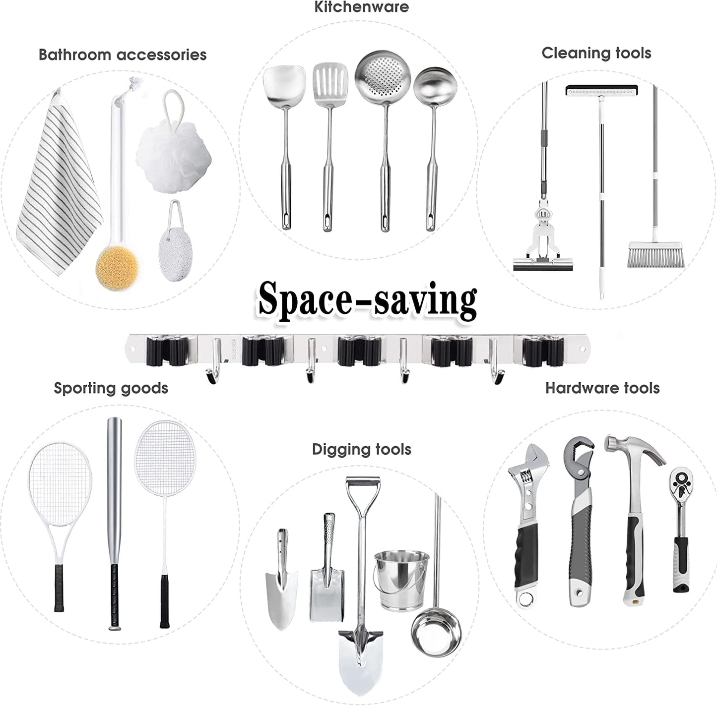 5 Holders+4 Hooks Broom Holder Wall Mounted