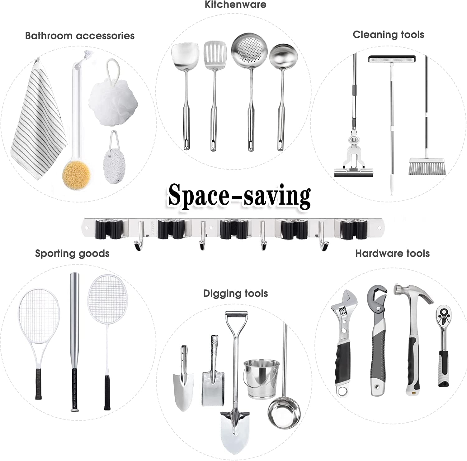 5 Holders+4 Hooks Broom Holder Wall Mounted