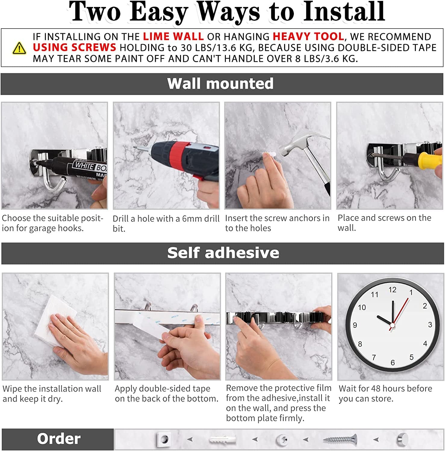 5 Holders+4 Hooks Broom Holder Wall Mounted