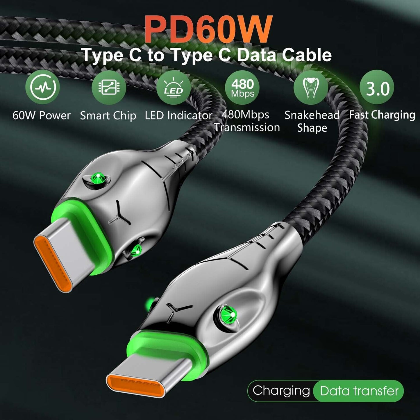 Type C to Type C Cable PD 60W Fast Charger 